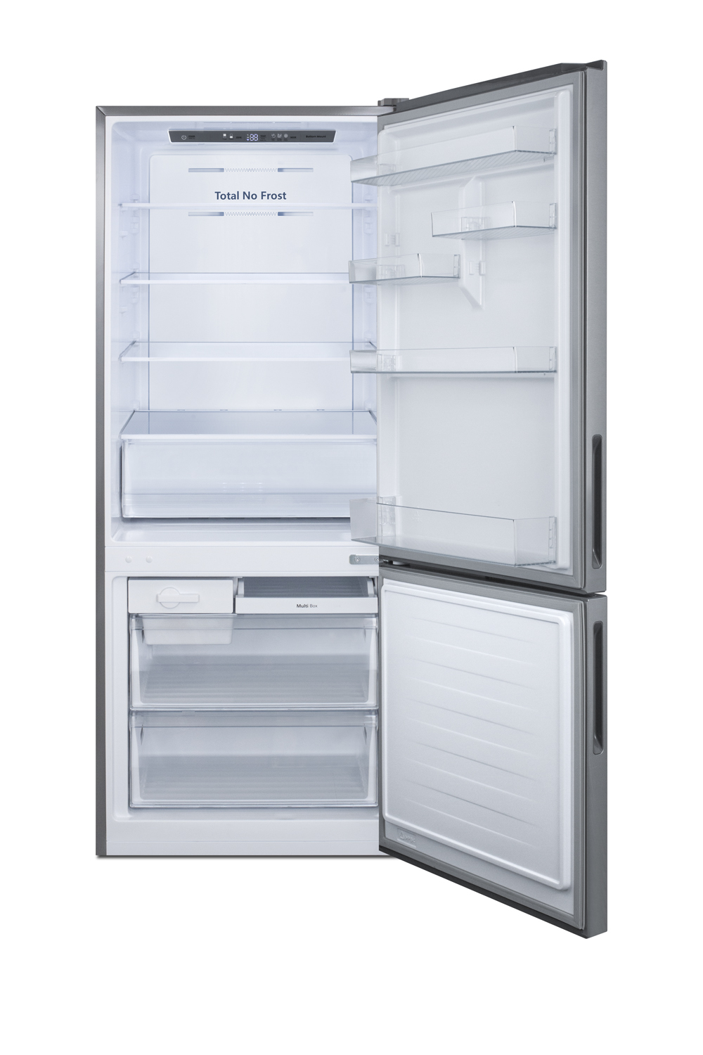 Frost-free ENERGY STAR certified bottom freezer refrigerator in stainless steel with digital controls and a counter depth fit